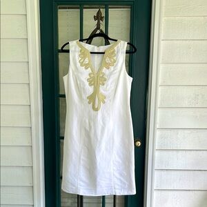Eliza J White linen dress with Gold Embroidered detail